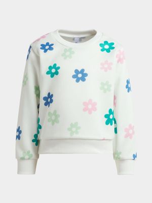 Younger Girl's White Daisy Print Sweat Top