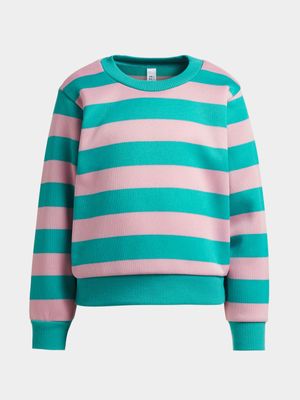 Younger Girl's Pink & Aqua Striped Sweat Top
