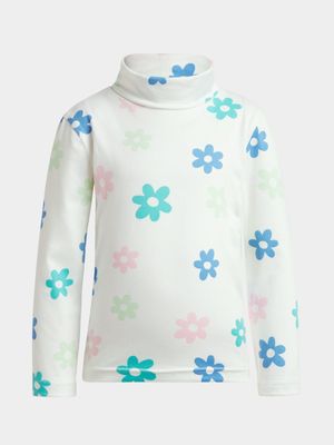 Youger Girl's White Daisy Print Poloneck Top
