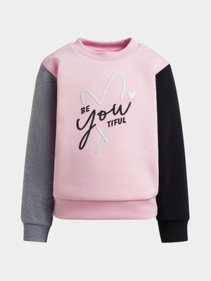 Younger Girl's Pink Colour Block Graphic Print Sweat Top