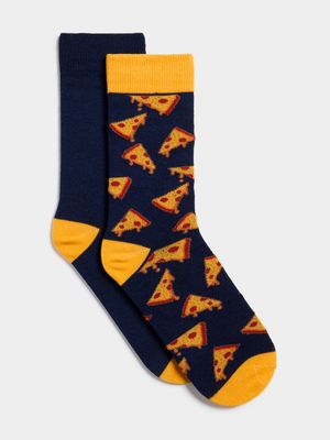 Men's Navy & Yellow Pizza Print 2-Pack Socks