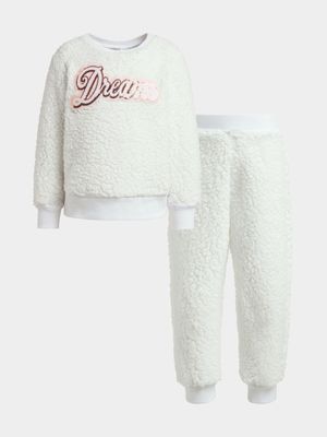 Younger Girl's White Graphic Print Fleece Sleepwear Set