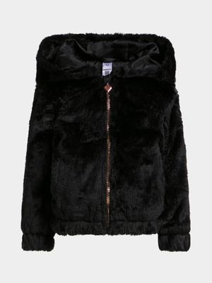 Jet Younger Girls Black Faux Fur Jacket