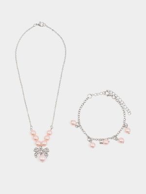Girl's Pink Pearl Necklace & Bracelet Set