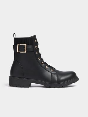Women's Black Lace Up Military Boots