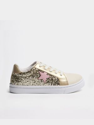 Younger Girl's Gold Glitter Sneakers