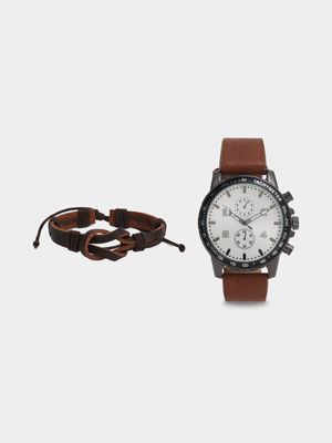 Men's Brown Watch & Bracelet Set