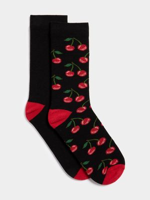 Men's Black & Red Cherry Print 2-Pack Socks