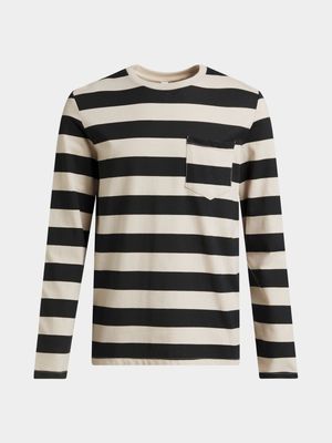 Older Boy's Black & Stone Striped T-Shirt