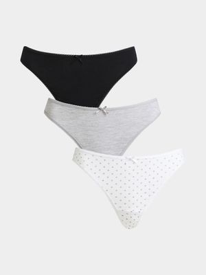 Women's Black, Grey & White Print 3-Pack Cotton Thongs