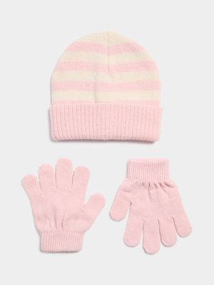Girl's Pink Striped Beanie & Gloves Set