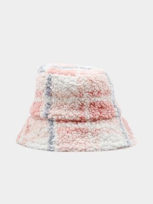 Girl's Pink Check Borg Bucket Hat