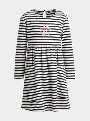 Younger Girl's Black & White Striped Empire Dress