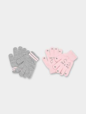 Girl's Grey & Pink 2-Pack Gloves Set