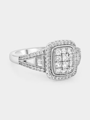Sterling Silver Diamond & Created Sapphire Regtangle Halo Ring