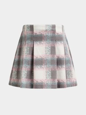 Younger Girl's Grey & Pink Pleated Check Skirt