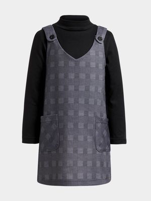 Older Girl's Black & Grey Check Pinafore & T-Shirt Set