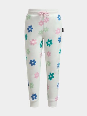 Younger Girl's White Daisy Print Joggers