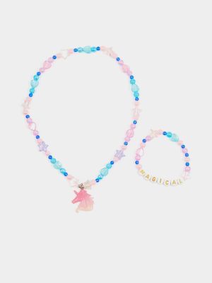 Girl's Pink & Blue Beaded Necklace & Bracelet Set