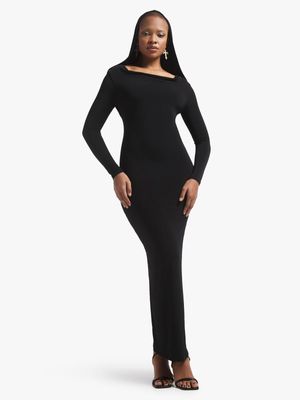 Women's Black Hooded Slinky Knit Maxi Dress