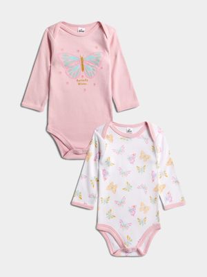 Jet Infant Girls Pink Butterflies 2 Pack Body Vests