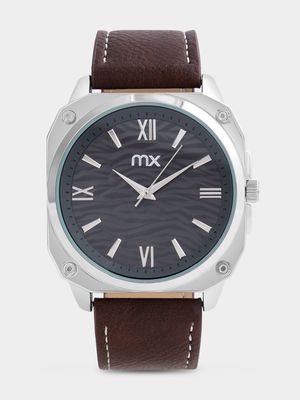MX Silver Plated Square Grey Dial Brown Faux Leather Watch