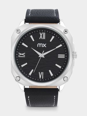 MX Silver Plated Square Black Dial Black Faux Leather Watch
