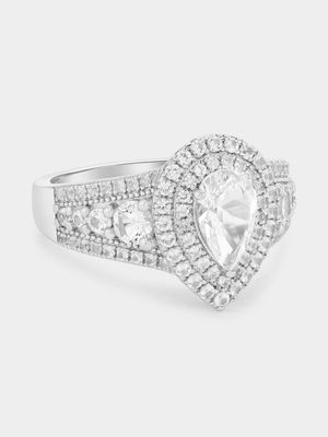 Silver Women's 925 Pearl Diamond Halo Ring