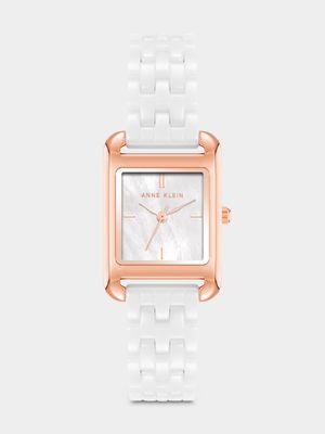 AnneKlein Women's Rose Plated Rectangular White Watch
