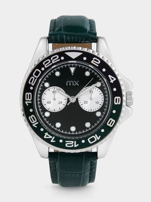 MX Silver Plated Green Dial Green Faux Leather Watch