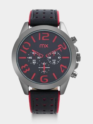 MX Black Plated Black & Red Dial Black Faux Leather Watch
