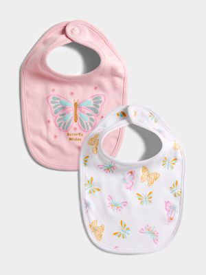 Jet Infant Girls Pink/White Butterflies 2 Pack Bibs