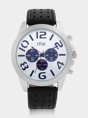 MX Silver Plated Silver Tone & Blue Dial Black Faux Leather Watch