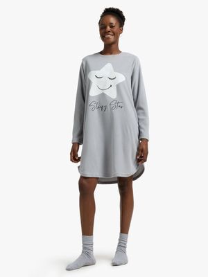 Jet Women's Grey Happy Star Fleece Sleep Shirt