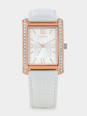 Tempo Timepiece Collection Rose Plated White Rectangle Dial White Leather Watch