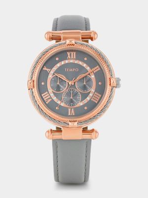 Tempo Timepiece Collection Rose Plated Gunmetal Dial Grey Leather Watch