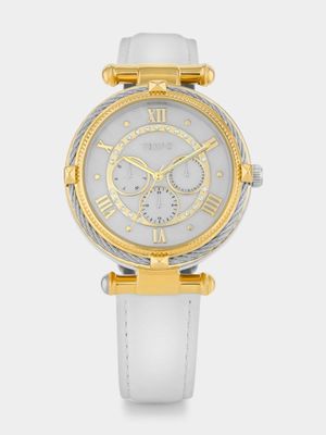 Tempo Timepiece Collection Gold Plated Mother Of Pearl Dial White Leather Watch