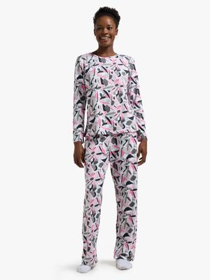Jet Women's Ladies Grey Geometric All Over Print Winter Pyjama Set