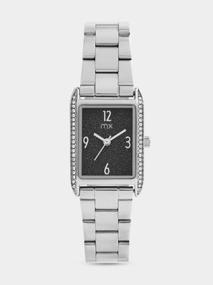 MX Silver Plated Rectangular Black Dial Bracelet Watch