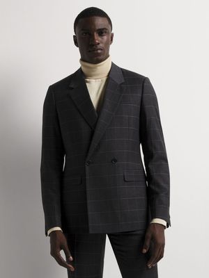Men's Markham Slim Double Breasted Windowpane Check Grey Suit Jacket