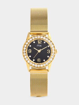 MX Gold Plated Black Dial Mesh Watch