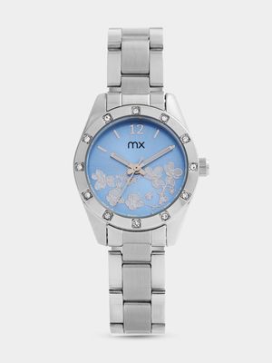 MX Silver Plated Blue Flower Dial Bracelet Watch