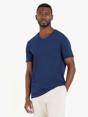 Men's Relay Jeans Branded Slim Fit V-Neck Basic Blue T-Shirt