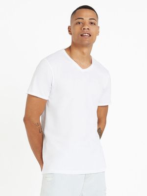 Men's Markham Raw Edge Cross Over V-Neck Basic White T-Shirt