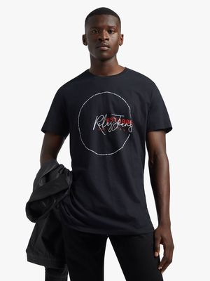 RJ Black Slim Fit Large Circular Graphic T-Shirt
