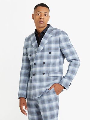 MKM Pastel Blue Slim Double-Breasted Fine Check Jacket