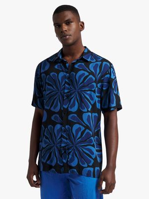 Men's Markham Printed Viscose Nocturnal Floral Black/Blue Shirt