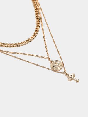 Men's Markham Coin and Cross Pendant Gold Necklace Set