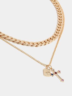 Men's Markham Crystal Cross and Eye Gold Necklace Set