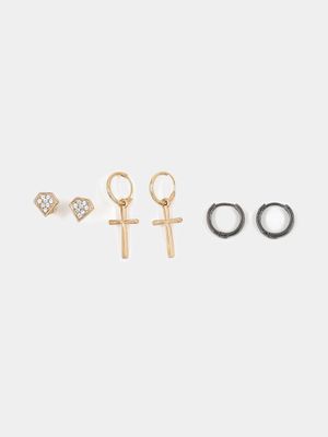 Men's Markham Cross and Crystal Diamond Shape Gold Earring Pack